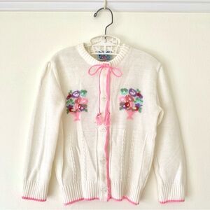 vintage cream knit cardigan with floral bouquets and pink trim